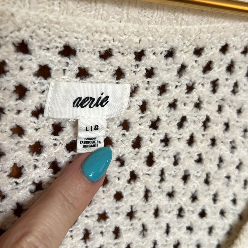 AERIE | Open Knit V Neck Sweater in Toasted Coconut | Large - Picture 2 of 8